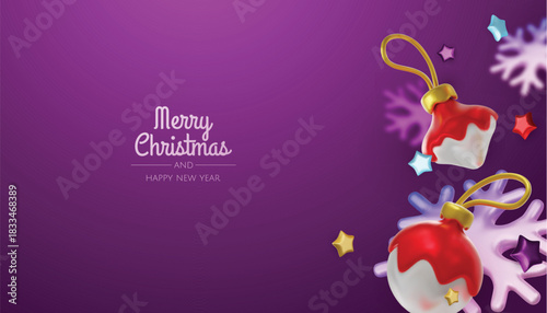 Minimalist Christmas illustration with glossy baubles, snowflakes, and trees in calm blue tones, perfect for greeting cards and New Year promotions.