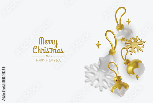 Elegant white and gold Christmas background with gift box and ornaments, perfect festive greeting card or holiday banner for brands.