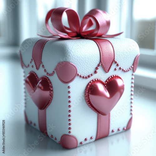 Luxury pink heart package, Refined satin bow with metallic heart accents, Opulent white box adorned with shimmering pink hearts and silky ribbon for special occasions