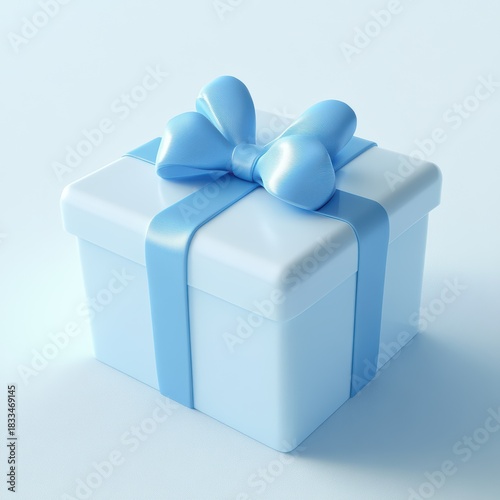 Pastel blue gift box with knit bow, minimalist studio lighting, soft shadow, gentle texture on ribbon, cozy celebratory mood perfect for newborn announcements and baby shower cards