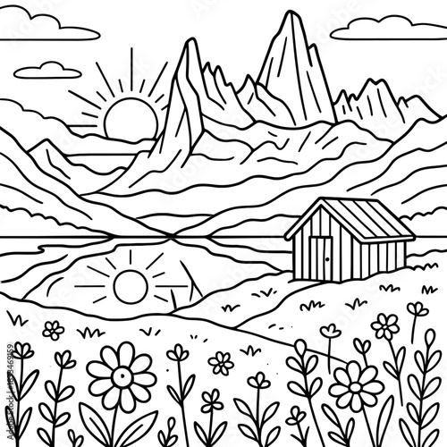 Sunrise Over Mountain Retreat: A minimalist scene captures a tranquil moment where the sun kisses the peaks and a cozy cabin sits nestled by the lake in a floral landscape.