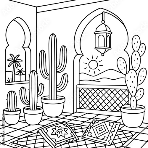 Tranquil Oasis: An inviting interior scene, showcasing an oriental design with potted cacti, and a serene sunlit landscape view through an arched window, creating a calming ambiance.
