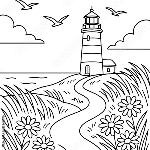 Coastal Beacon: The illustration shows a solitary lighthouse stands tall on a coastal hill, a symbol of guidance and safety amidst the boundless ocean.