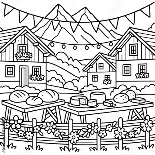Festive Village Food Display: Capturing the spirit of a charming village, a delightful display of bread and cheese adorns tables, with quaint houses nestled against majestic mountain backdrops.