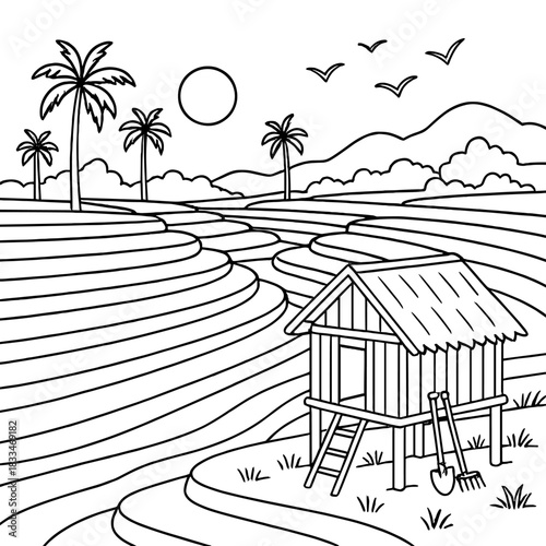 Rice Terrace Illustration: A black and white illustration of rice terrace fields, palm trees, sun and a traditional hut, evoking the peace of rural landscape.