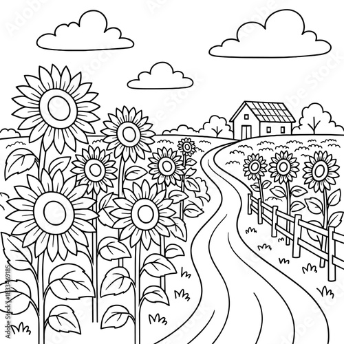 Sunflower Field with House and Road: A charming, outlined illustration of a sunflower field, with a road leading to a quaint house, evokes feelings of peaceful rural living, summer and sunny day.