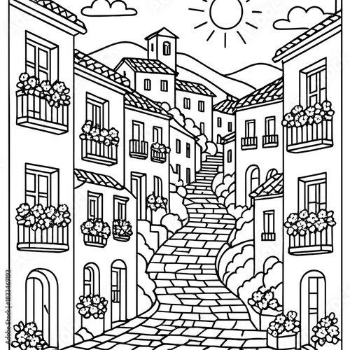Picturesque Village Street Scene: A charming, winding streetscape unfolds, lined with quaint buildings, adorned with balconies overflowing with flowers, evoking a sense of peaceful town life.