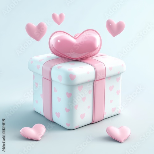 Whimsical heartthemed gift box, Playful pastel box with floating hearts and confetti, Lovely softfocus background highlighting festive love symbols and confetti