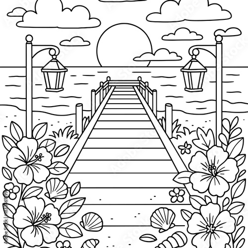 Sunset Pier and Hibiscus: A serene beachfront scene unfolds as the sun dips below the horizon, with a wooden pier stretching out towards the water, and hibiscus flowers blooming at the foreground.