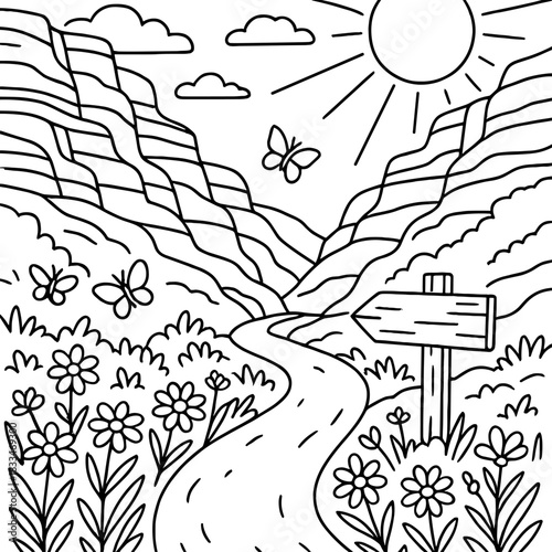 Journey to Serenity: A scenic black and white illustration of a winding road leading towards a tranquil landscape, symbolizing a path to peace and self-discovery.