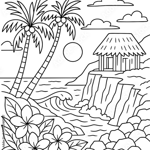Tropical Paradise Sketch: A serene illustration of a tropical paradise with palm trees, a quaint hut, and crashing waves under the sun. 