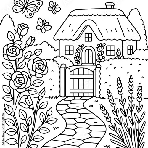 Garden Pathway in Bloom: An idyllic scene unfolds, where a stone pathway meanders towards a charming cottage, embraced by a vibrant garden brimming with roses, butterflies, and fragrant lavender.
