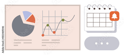 Pie chart and line graph on a dashboard alongside a calendar with a notification, representing analytics, scheduling, and alerts. Ideal for business, productivity, organization, reminders, time