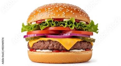 Delicious Classic Cheeseburger with Fresh Vegetables on a White Background.