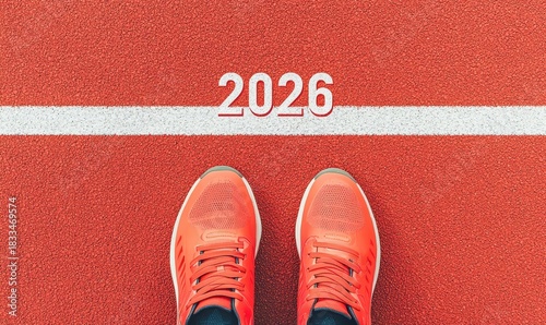 Runner shoes standing at the starting line of a running track, focusing on new goals and the future in 2026. Copy space
