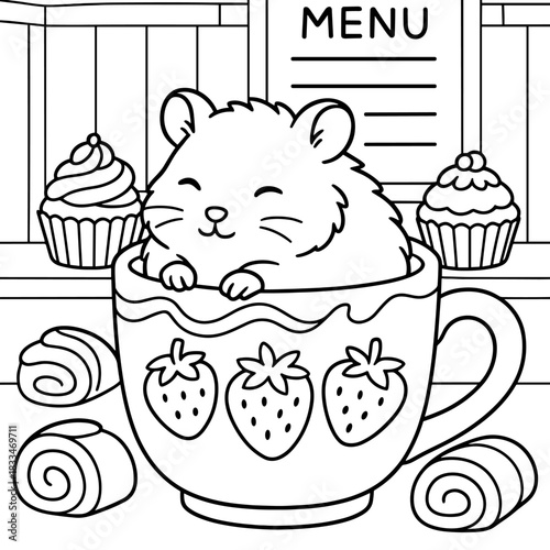 Hamster's Cafe: A cute hamster lounging in a teacup amidst a delightful assortment of desserts in the cafe setting.