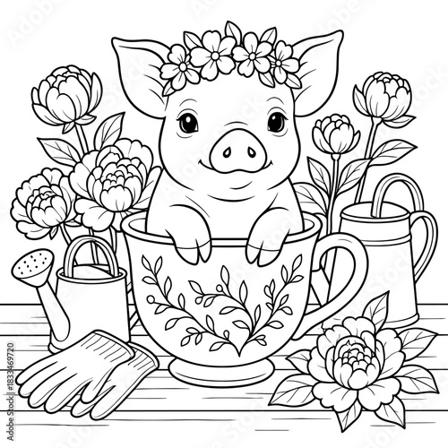 Charming Piglet in Garden Tea Cup: A delightful illustration of an endearing piglet adorned with a floral crown.