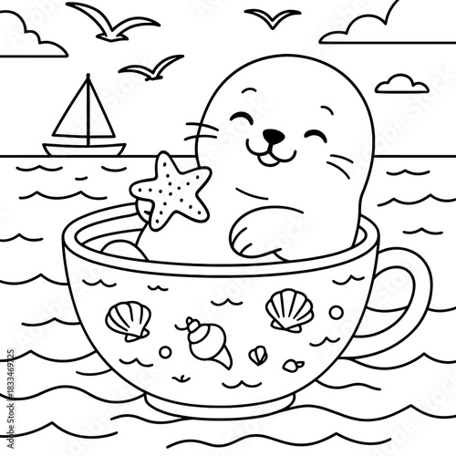 Sealion's Seashell Tea Party: A joyful sea lion enjoys a seaside tea party with seashells, and starfish creating whimsical oceanic scene