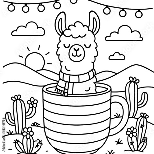 Llama in Cozy Mug: A whimsical illustration showcases a charming llama, adorned with a cozy scarf, nestled inside a striped mug, set against a backdrop of desert flora and a serene sun. 