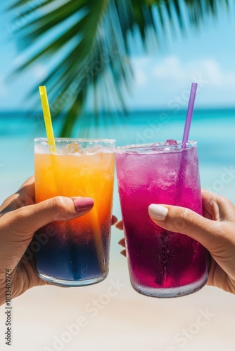 Hands holding two refreshing frosted drinks, making a toast on a sunny beach with clear blue ocean, palm leaf, and copy space