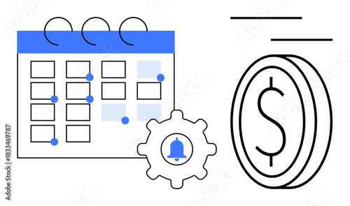 Calendar with marked dates, gear with reminder bell, and coin highlight scheduling, reminders, and financial planning. Ideal for productivity, time management, budget, reminders deadlines finance