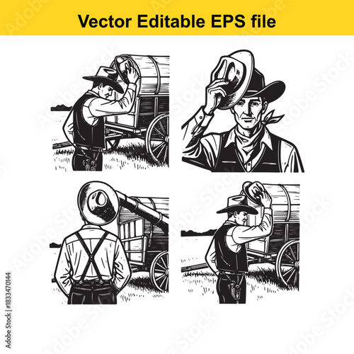 collection of four black and white vector illustrations depicting a cowboy interacting with a covered wagon in various poses, perfect for western theme design