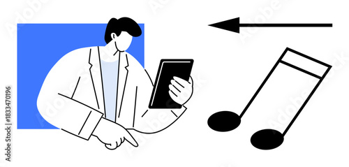 Music technology concept. Man holding tablet exploring music apps and audio tools. Music as a creative and interactive medium. For streaming services, content creation, music education