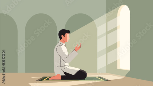 A person in traditional attire is praying on a prayer rug near a window with sunlight.