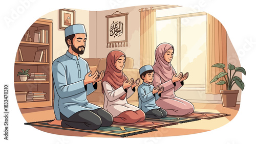 A Muslim family, including parents and two children, praying together on prayer mats in their living room.