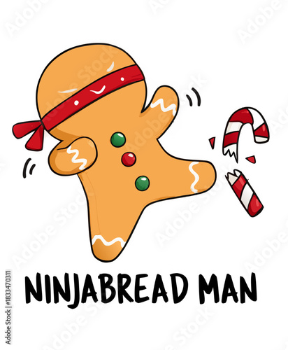 Cute Cartoon “Ninjabread Man” Gingerbread Character Kicking Candy Cane in Funny Christmas Design