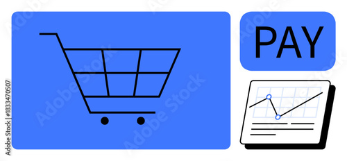 Black cart icon, PAY text, and graph on dashboard. Ideal for ecommerce, retail, payment systems, financial insights, market trends, digital economy simple flat metaphor