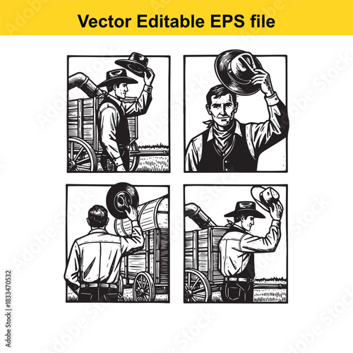 a fourpanel black and white vector illustration depicting a cowboy tipping his hat near a covered wagon in various poses, suitable for western themes