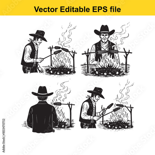 four vintage style black and white illustrations depicting cowboys cooking sausages over open campfires, vector editable eps file