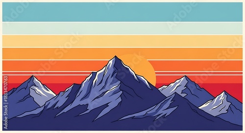 Retro illustration of a mountain range with a sunset in the background, with horizontal stripes.