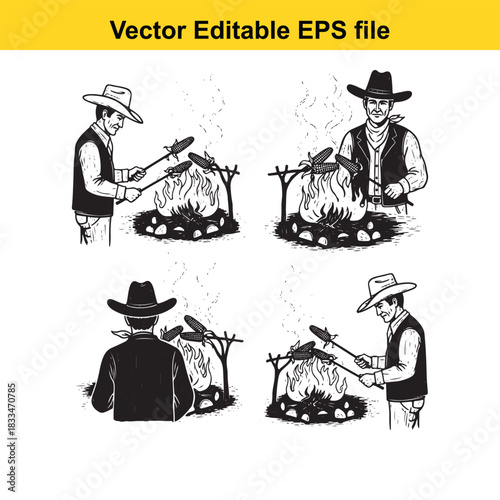 set of four black and white vector illustrations depicting cowboys cooking corn on the cob over an open campfire, showing different angles and poses of the western figures