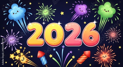 Festive New Year 2026 greeting card with cute smiling fireworks on a starry night sky.