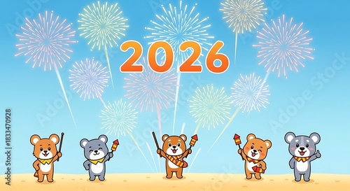 Festive illustration of the year 2026 with cartoon bears celebrating with fireworks in the sky.