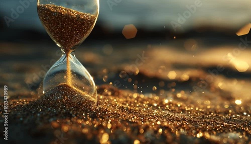 Time running out as golden sand falls in an hourglass. Sunset setting creates a sense of urgency and finality