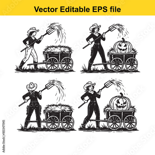 four black and white vector illustrations depicting farmers, both male and female, using pitchforks to load hay or straw onto small wooden carts, two carts featuring carved jackolantern pumpkins
