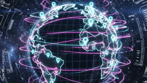 Global network connections and data transfer visualization in a futuristic interface.