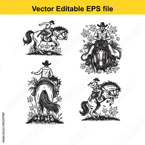 collection of four detailed black and white vector illustrations depicting cowboys riding horses in various dynamic poses, suitable for western theme designs