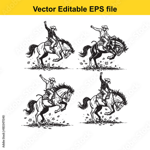 set of four black and white vector illustrations depicting cowboys riding rearing and bucking horses in dynamic action poses, perfect for western themes