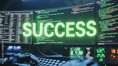 Hackers Success Coding and Cybersecurity Triumph on Multiple Screens.