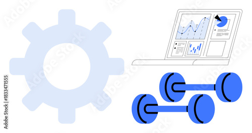 Fitness tracking, data visualization, exercise routines, health technology, progress monitoring, analytics tools. A gear, a data dashboard and dumbbells. Fitness tracking and data visualization