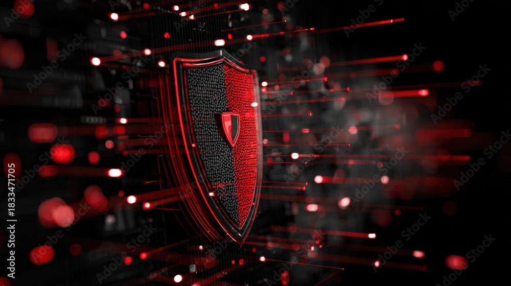 Naklejka premium Medium shot featuring a digital firewall interface actively blocking malicious network traffic to safeguard sensitive information from cyber attacks.