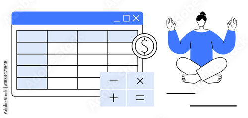 Financial planning, workplace balance, budgeting tools, productivity, stress management, mindfulness. Spreadsheet software, calculator yoga pose illustration. Financial planning and workplace