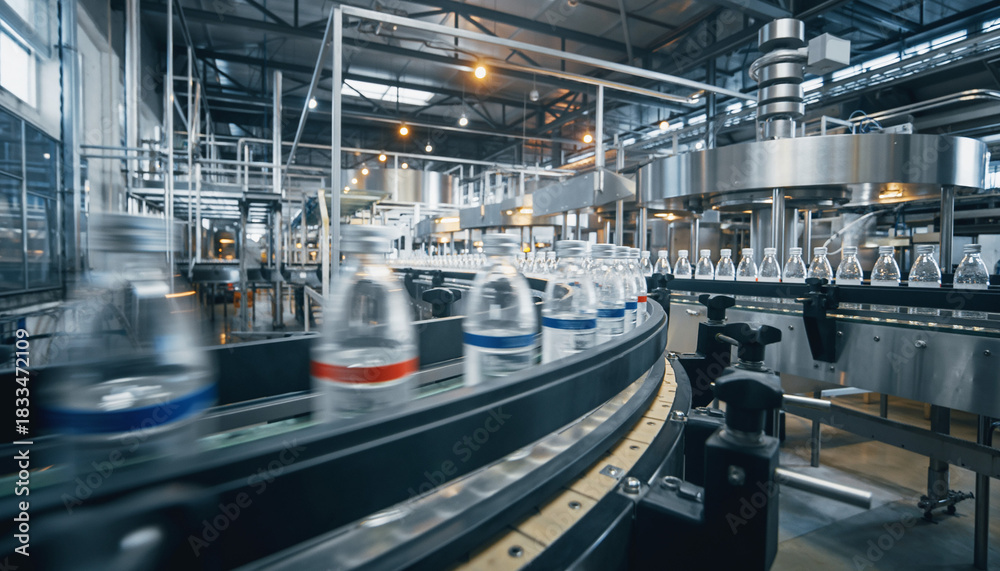 Fototapeta premium Automated bottling line featuring rows of plastic bottles in manufacturing, demonstrating efficiency and industrial production for commercial use, clean process