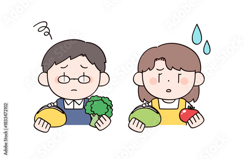 物価高に困惑する主婦や主夫をイメージした男女2人のイラスト