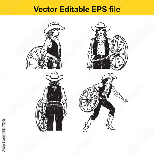 collection of four black and white vector illustrations depicting cowgirls in western attire, each holding a large wagon wheel, suitable for historical or country themes