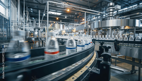 Automated bottling line featuring rows of plastic bottles in manufacturing, demonstrating efficiency and industrial production for commercial use, clean process